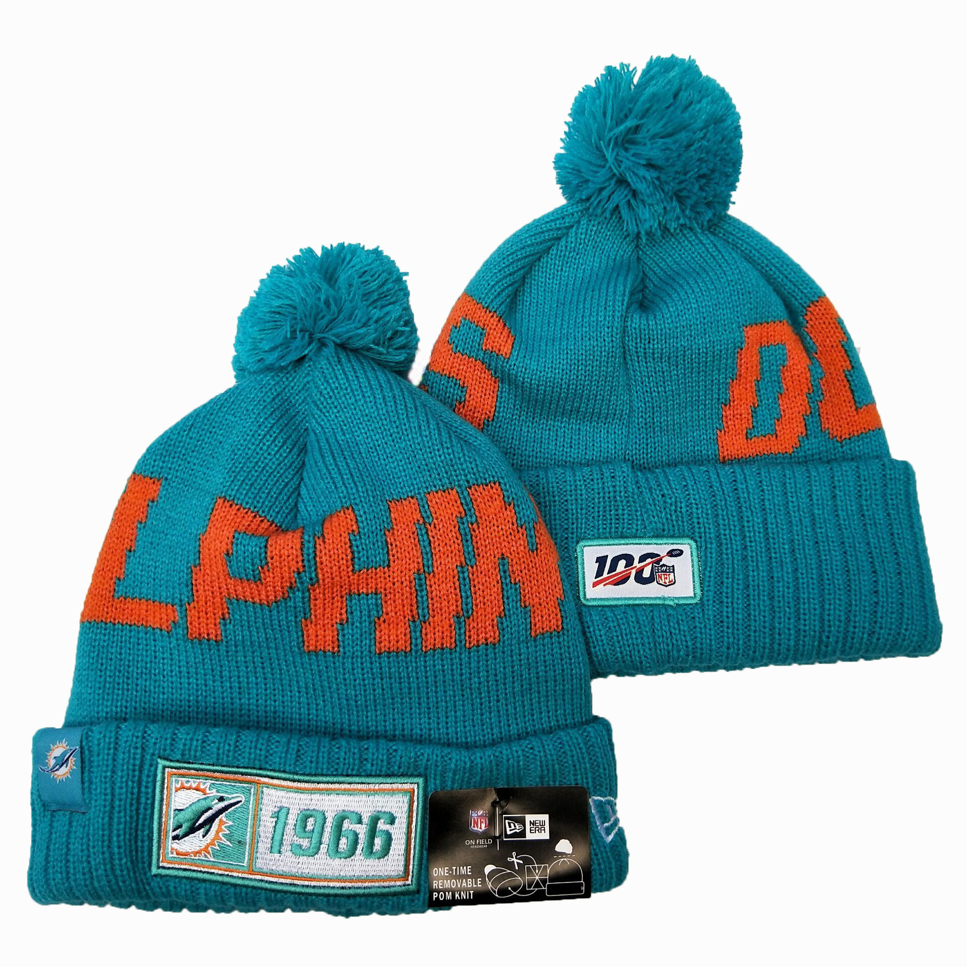Dolphins Team Logo Aqua 100th Season Pom Knit Hat YD