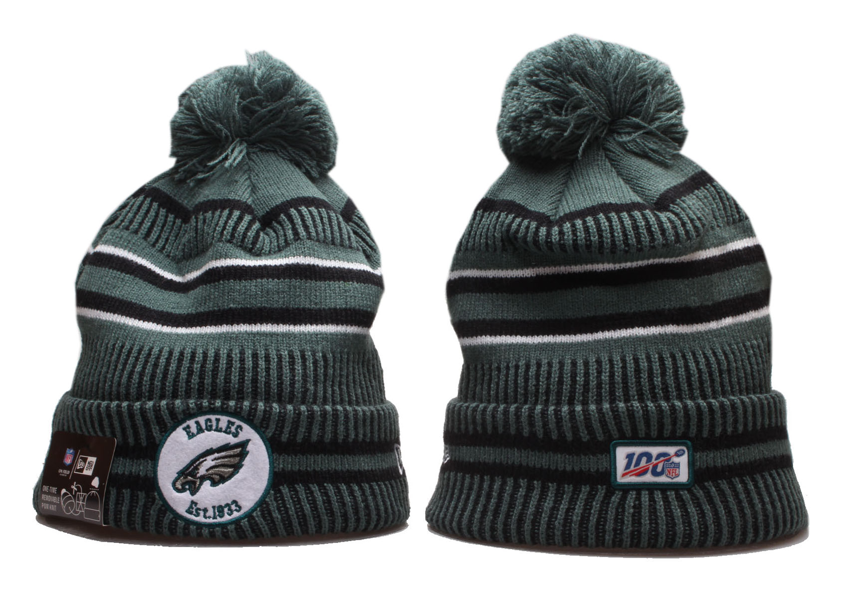 Eagles Team Logo Green 100th Season Cuffed Pom Knit Hat YP Eagles Team Logo Green 100th Season Cuffed Pom Knit Hat YP