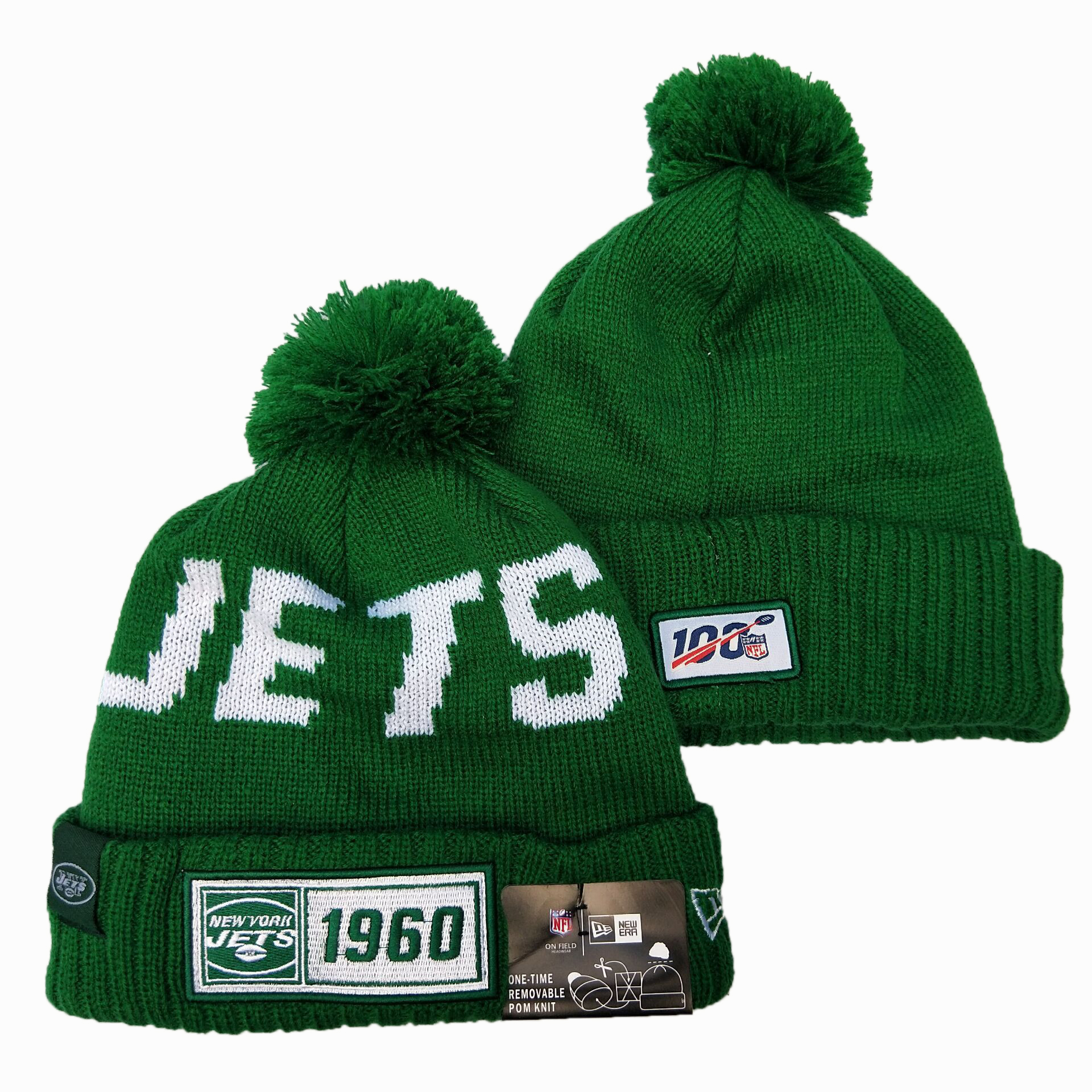 Jets Team Logo Green 100th Season Pom Knit Hat YD