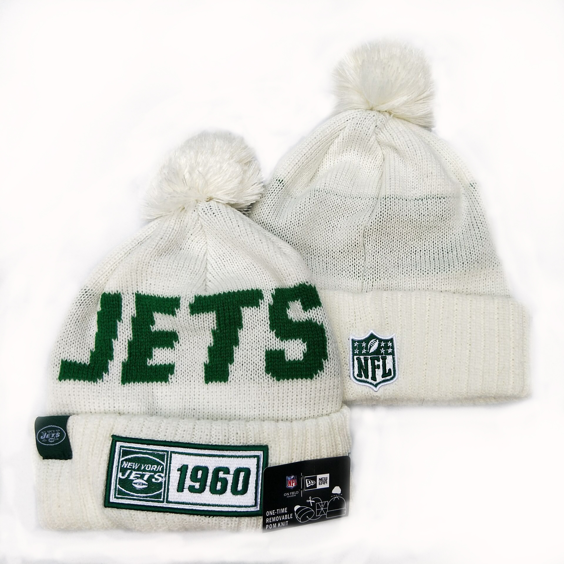 Jets Team Logo White Pom Knit Hat YD
