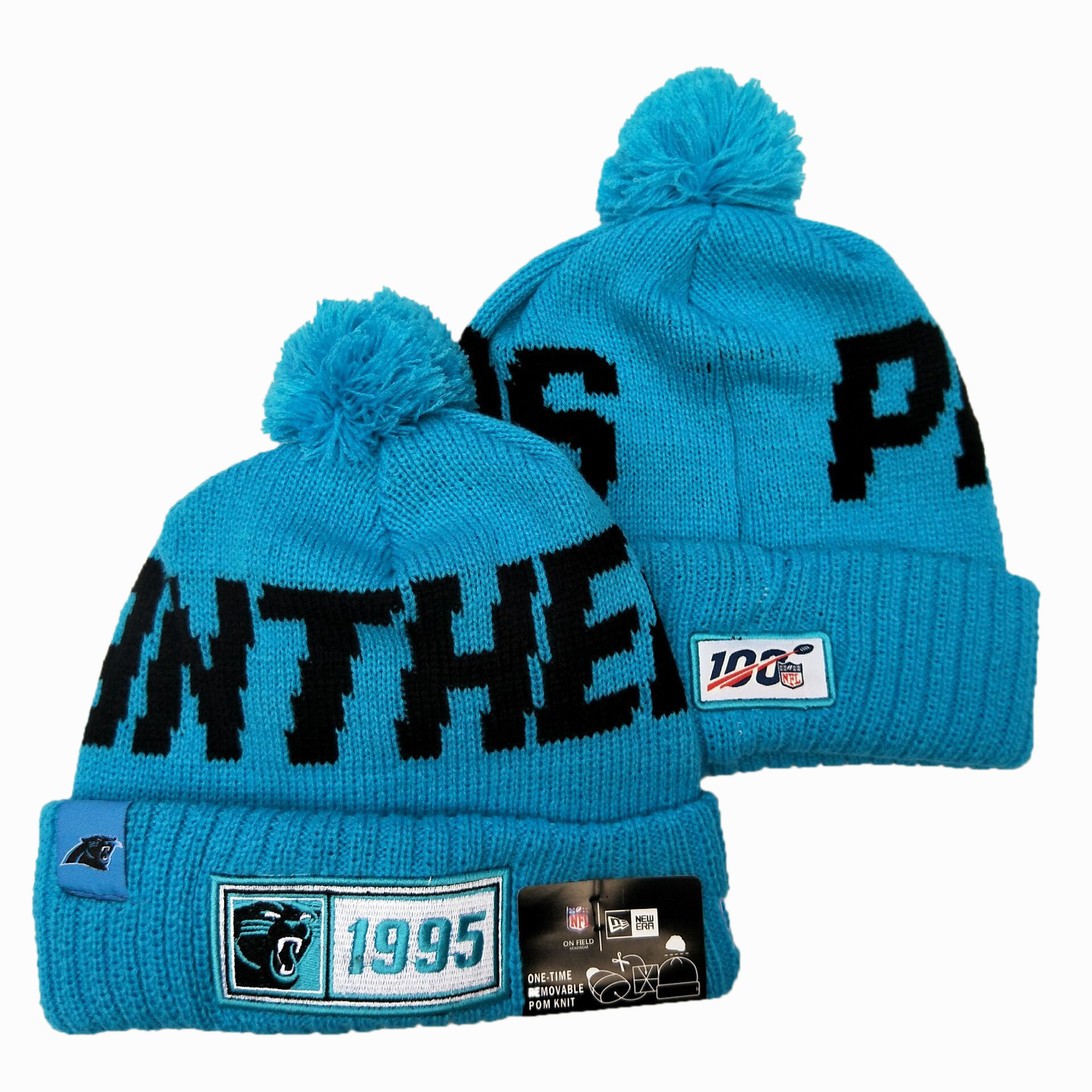 Panthers Team Logo Blue 100th Season Pom Knit Hat YD - Click Image to Close