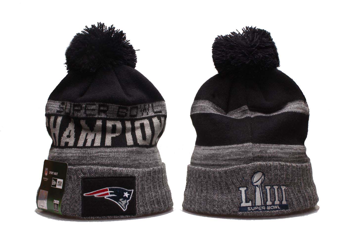 Patriots Team Logo Gray Super Bowl LIII Cuffed Pom Knit Hat YP - Click Image to Close