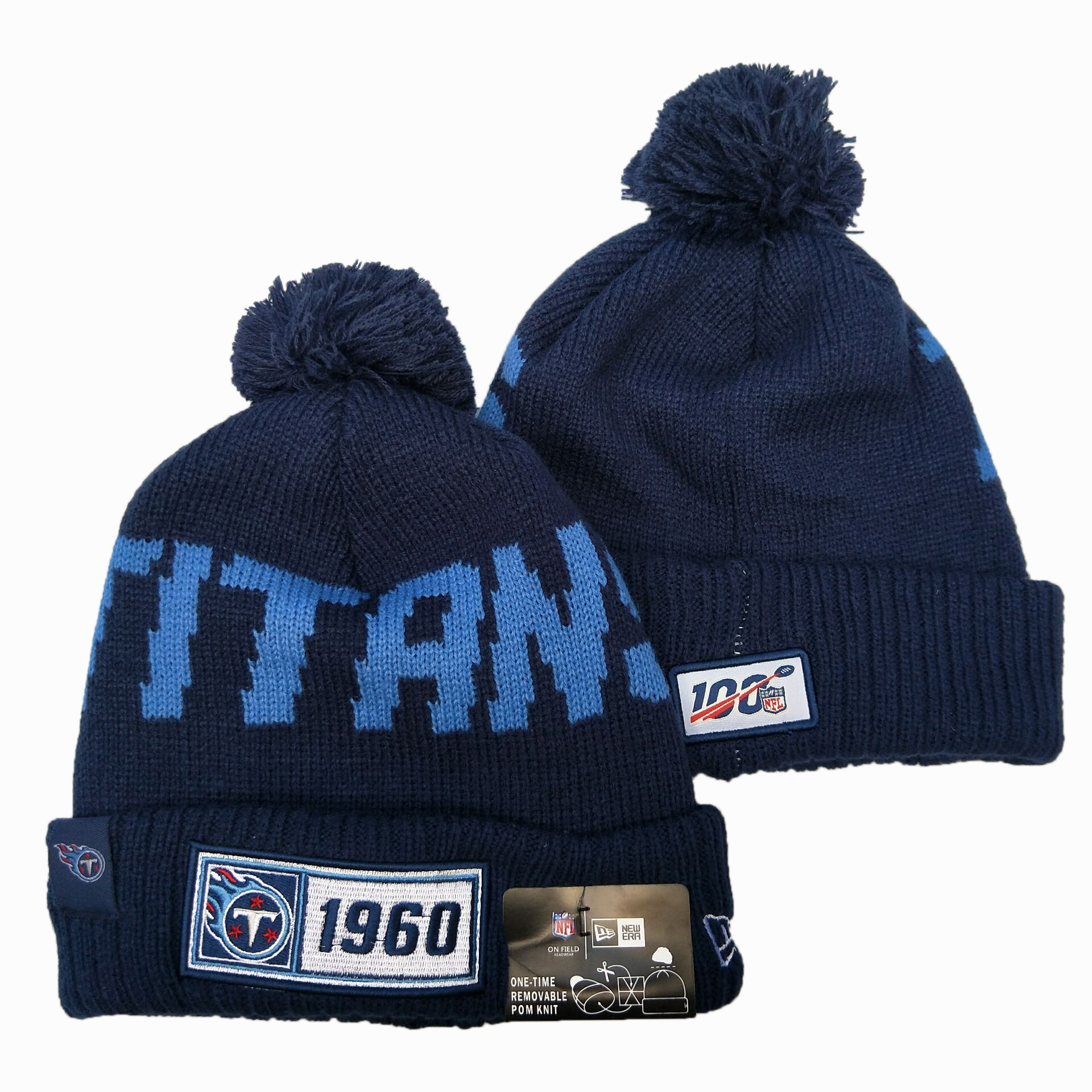 Titans Team Logo Navy 100th Season Pom Knit Hat YD - Click Image to Close