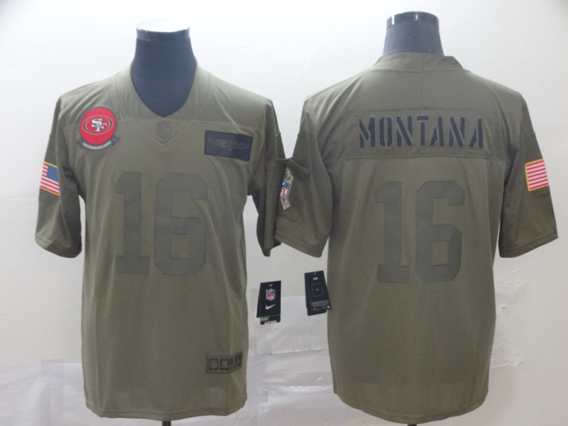 Nike 49ers 16 Joe Montana 2019 Olive Salute To Service Limited Jersey - Click Image to Close