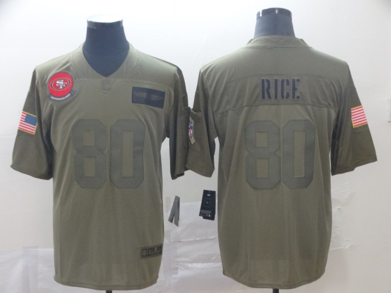 Nike 49ers 80 Jerry Rice 2019 Olive Salute To Service Limited Jersey - Click Image to Close