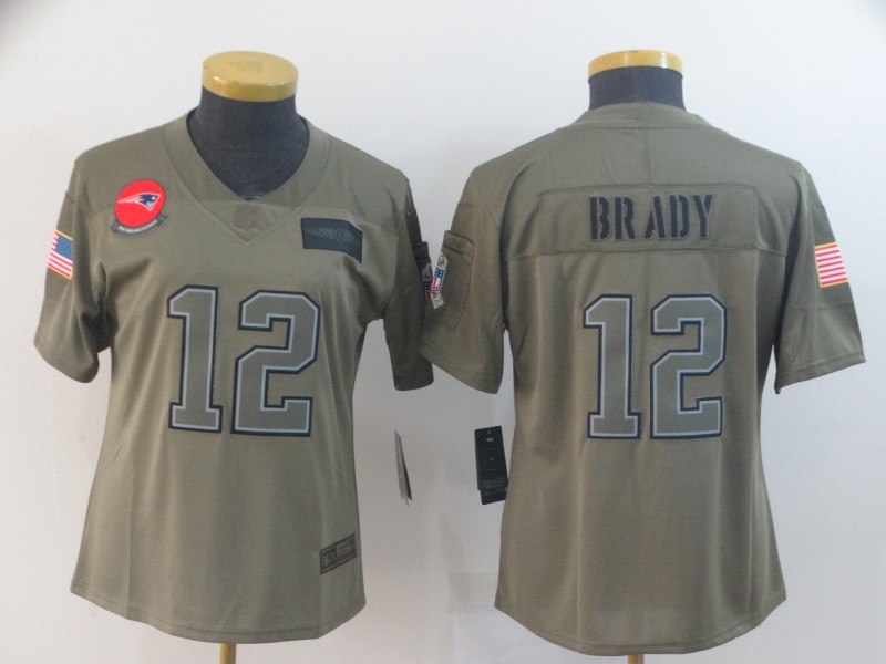 Nike Patriots 12 Tom Brady 2019 Olive Women Salute To Service Limited Jersey - Click Image to Close
