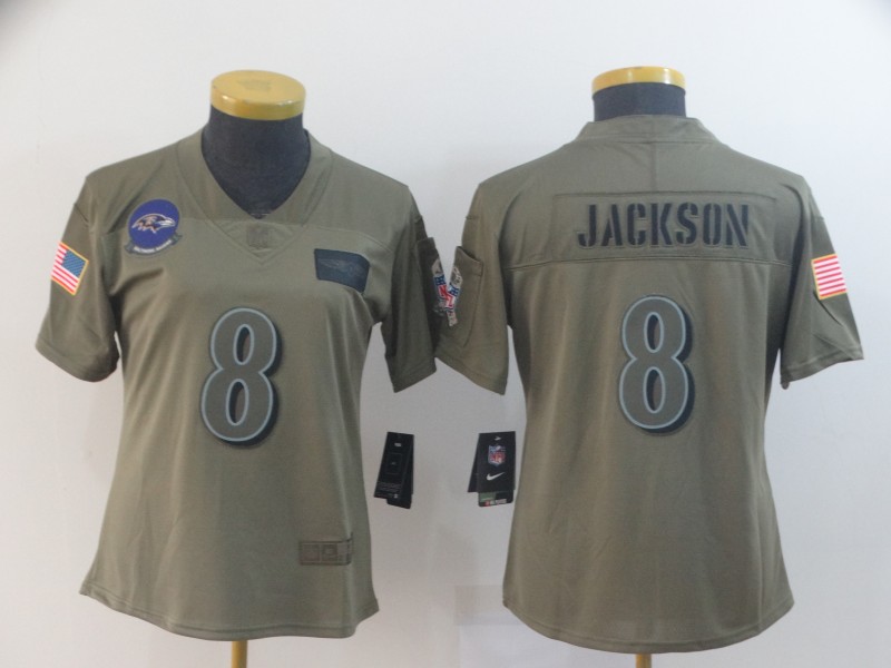 Nike Ravens 8 Lamar Jackson 2019 Olive Women Salute To Service Limited Jersey - Click Image to Close