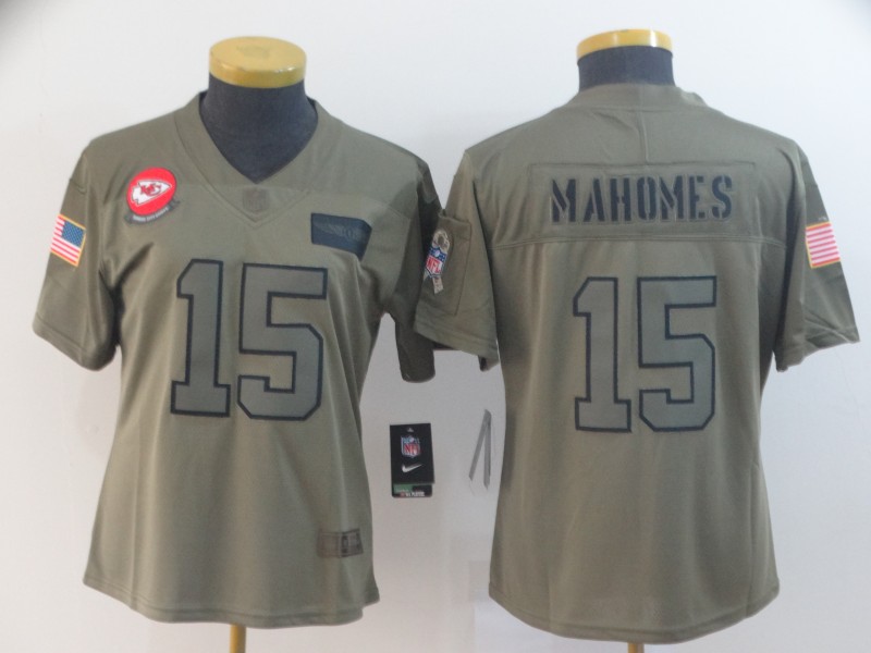 Nike Chiefs 15 Patrick Mahomes 2019 Olive Women Salute To Service Limited Jersey - Click Image to Close