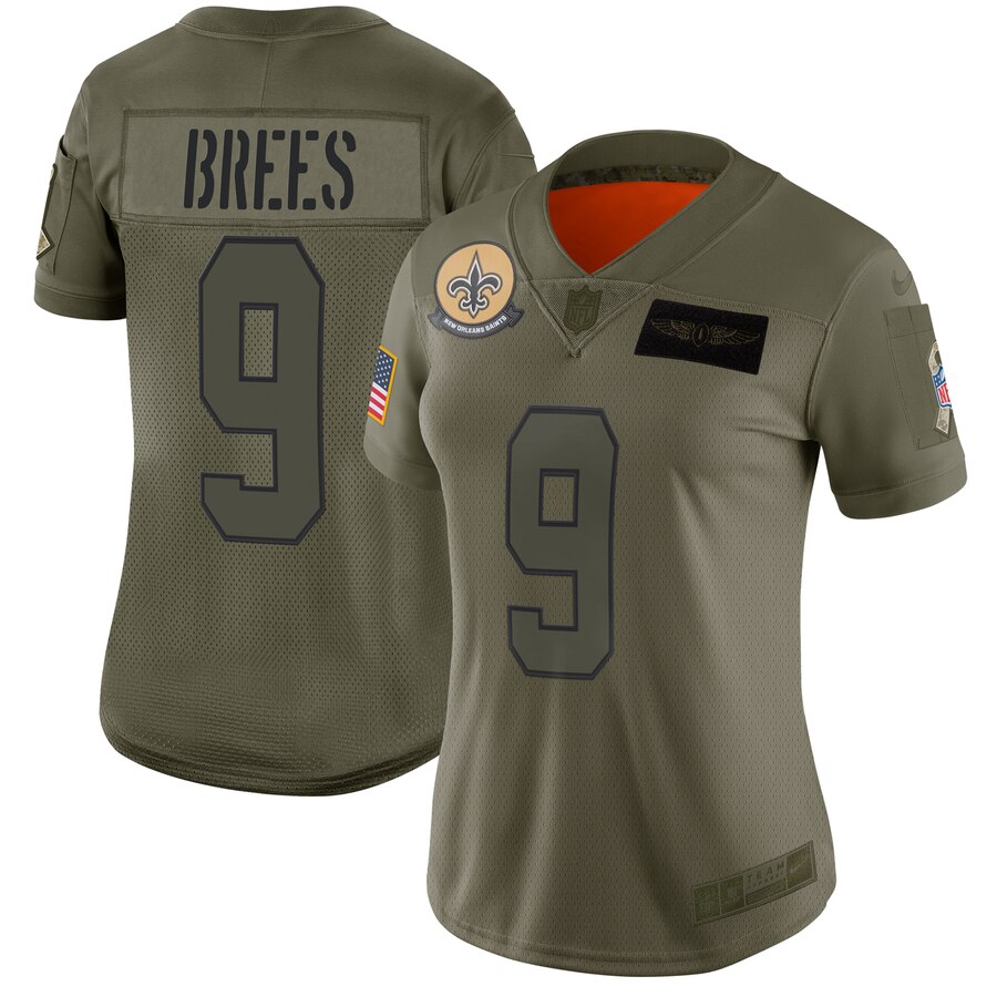 Nike Saints 9 Drew Brees 2019 Olive Women Salute To Service Limited Jersey - Click Image to Close