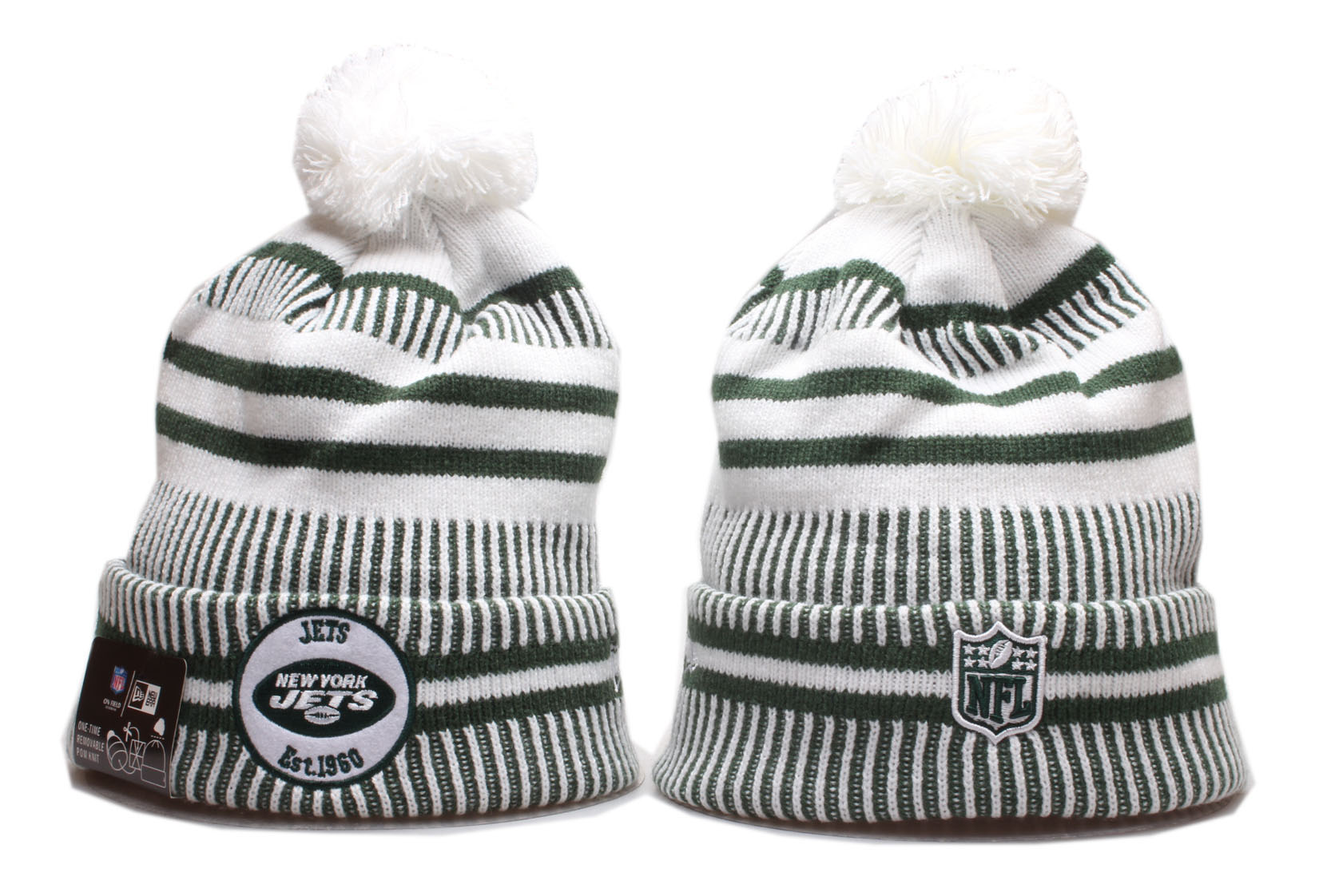 Jets Team Logo Cuffed Pom Knit Hat YP - Click Image to Close