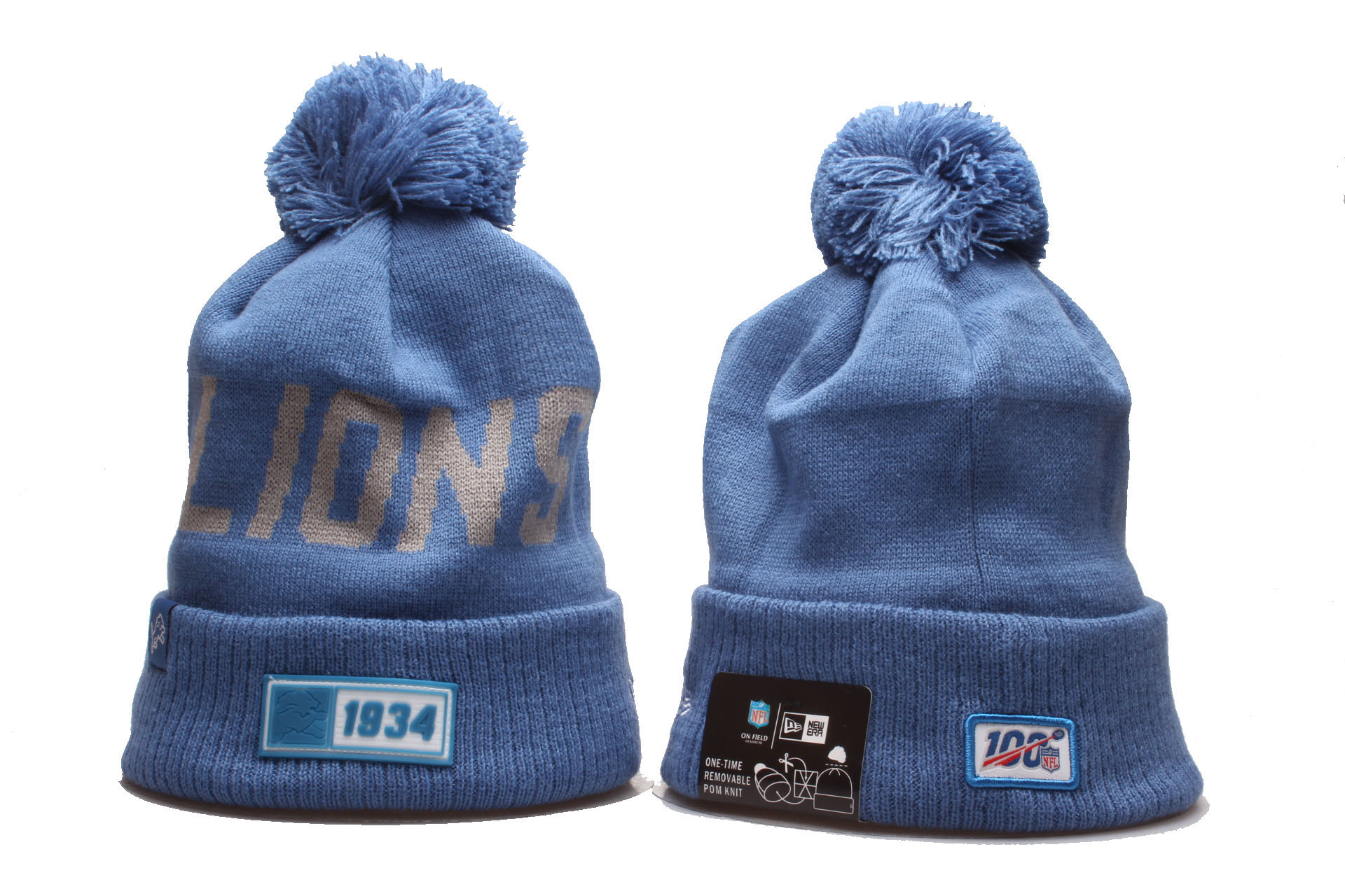 Lions Team Logo Light Blue 100th Season Cuffed Pom Knit Hat YP - Click Image to Close