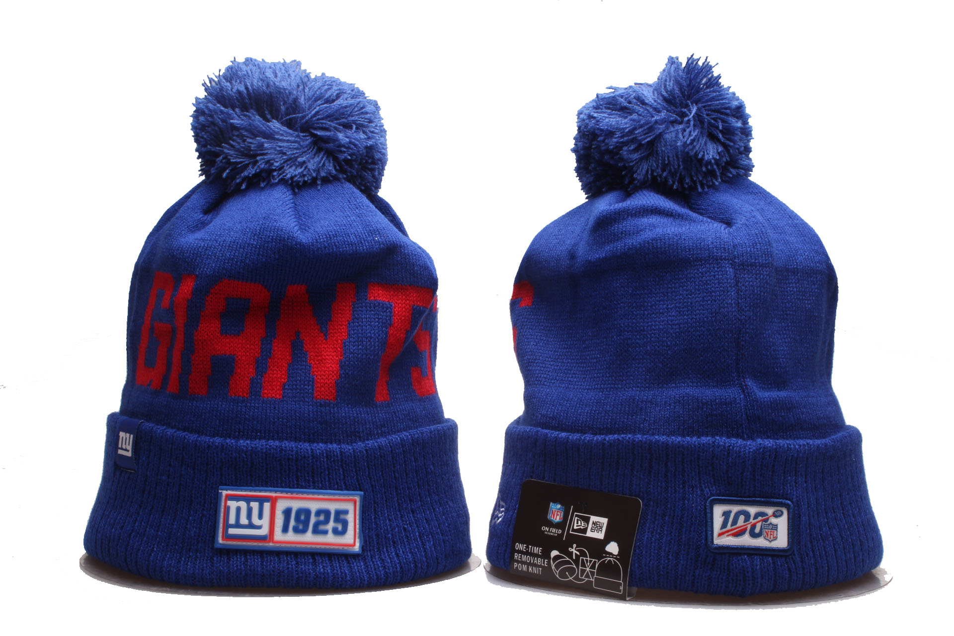 New York Giants Team Logo 100th Season Cuffed Pom Knit Hat YP - Click Image to Close