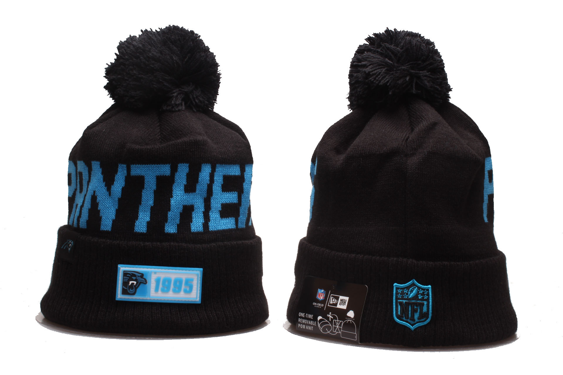 Panthers Team Logo Black Cuffed Pom Knit Hat YP - Click Image to Close
