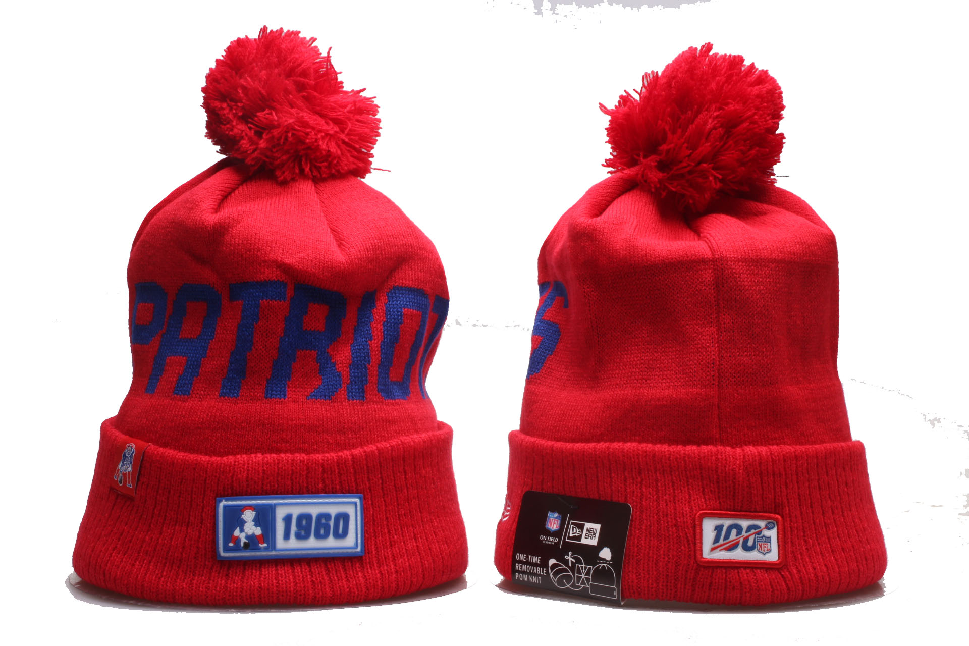 Patriots Team Logo Red 100th Season Cuffed Pom Knit Hat YP