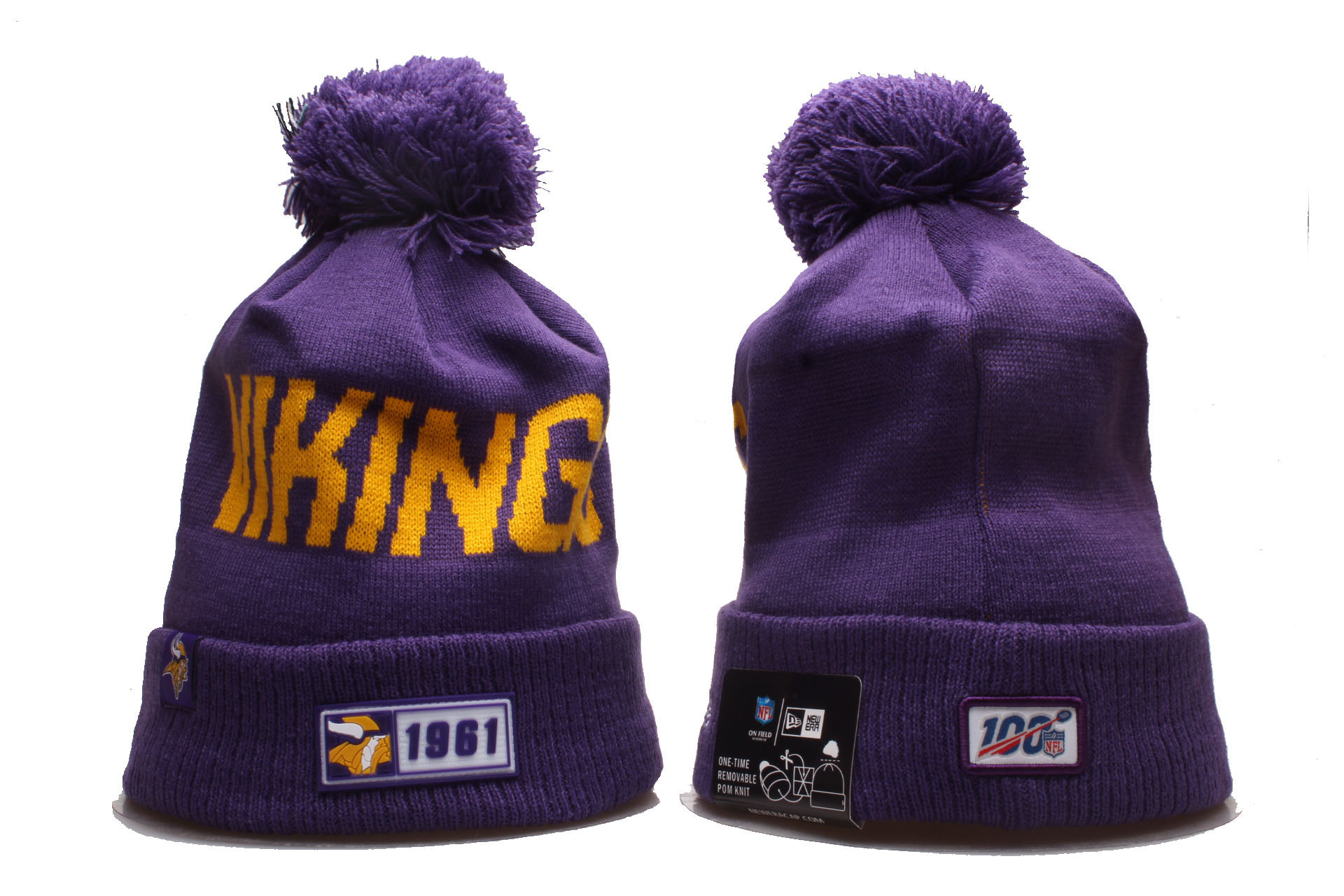 Vikings Team Logo 100th Season Cuffed Pom Knit Hat YP - Click Image to Close