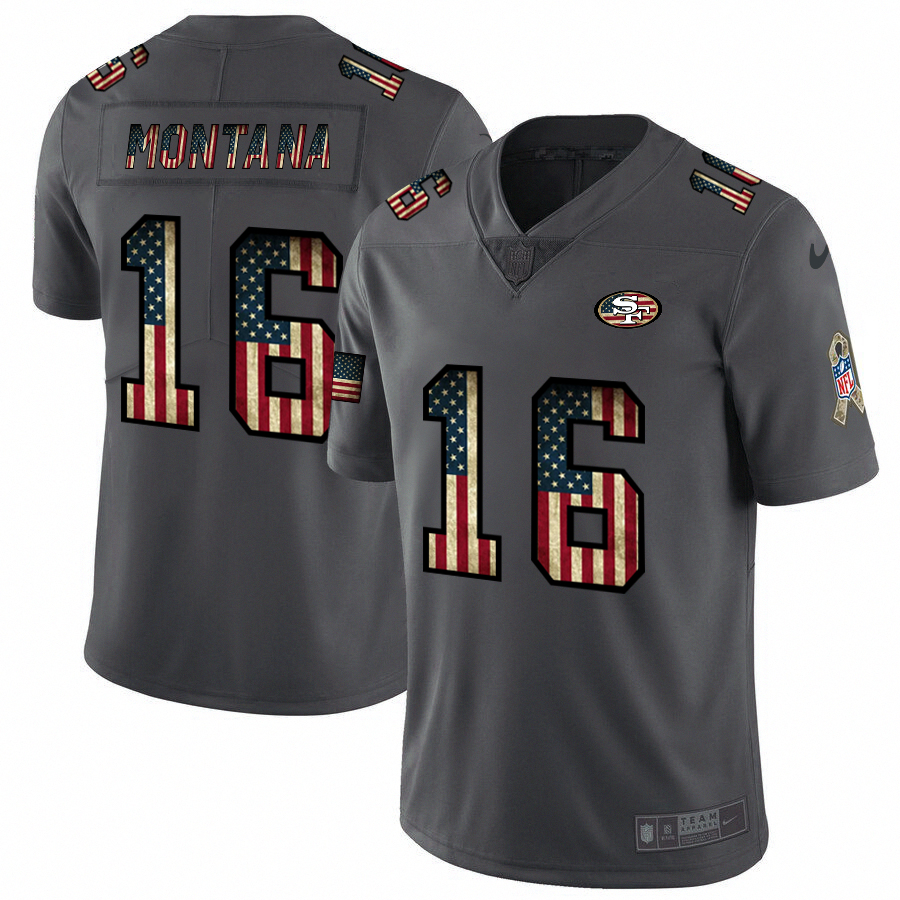 Nike 49ers 16 Joe Montana 2019 Salute To Service USA Flag Fashion Limited Jersey - Click Image to Close