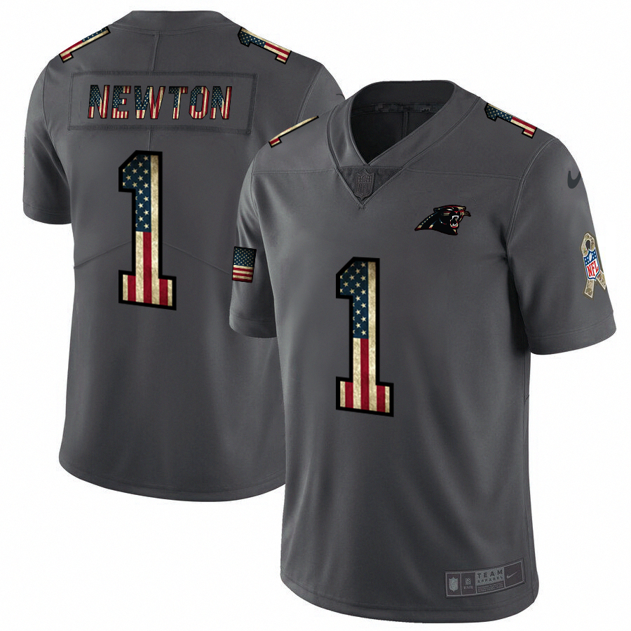 Nike Panthers 1 Cam Newton 2019 Salute To Service USA Flag Fashion Limited Jersey - Click Image to Close