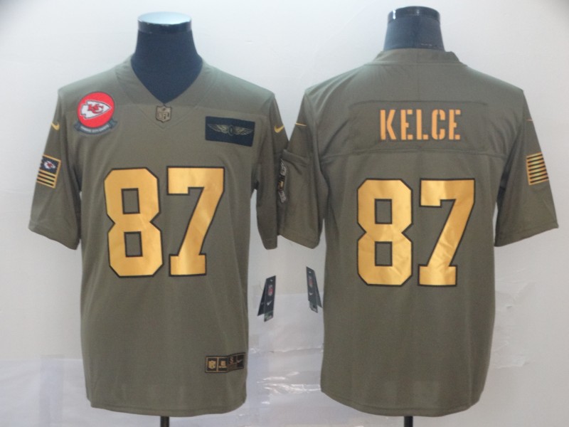 Nike Chiefs 87 Travis Kelce 2019 Olive Gold Salute To Service Limited Jersey
