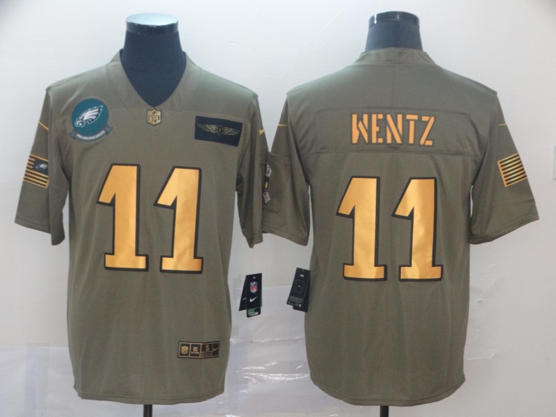 Nike Eagles 11 Carson Wentz 2019 Olive Gold Salute To Service Limited Jersey
