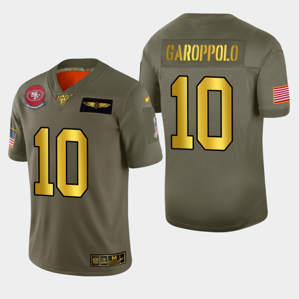 Nike 49ers 10 Jimmy Garoppolo 2019 Olive Gold Salute To Service 100th Season Limited Jersey