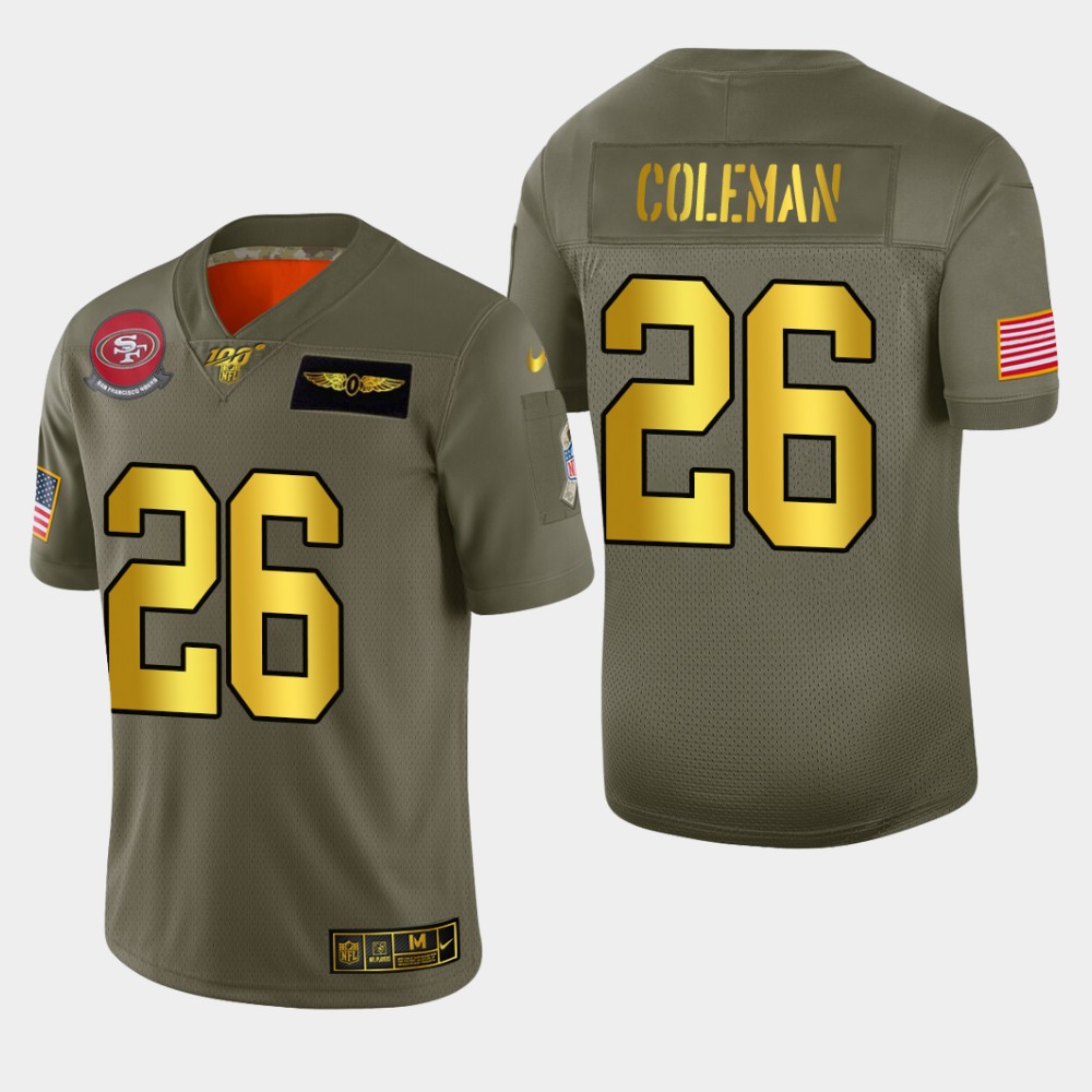 Nike 49ers 26 Tevin Coleman 2019 Olive Gold Salute To Service 100th Season Limited Jersey