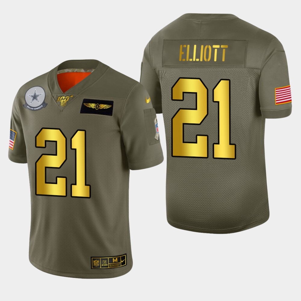 Nike Cowboys 21 Ezekiel Elliott 2019 Olive Gold Salute To Service 100th Season Limited Jersey