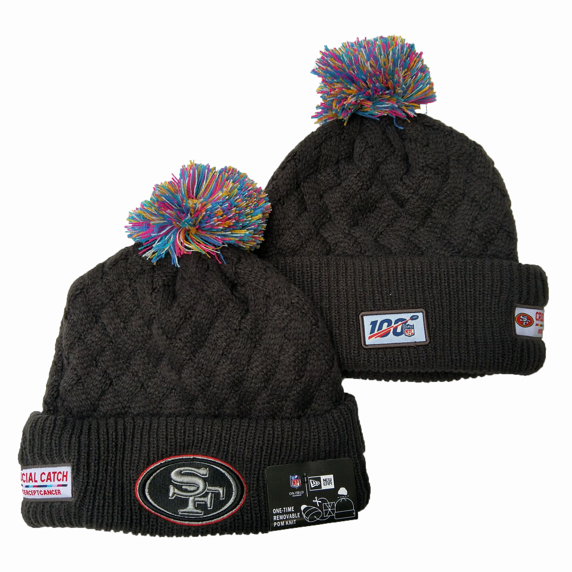 49ers Team Logo Black 100th Season Pom Knit Hat YD