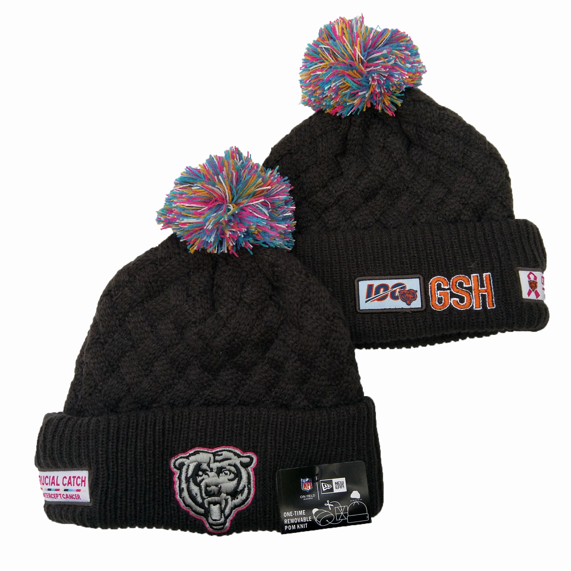 Bears Team Logo Black 100th Season Pom Knit Hat YD