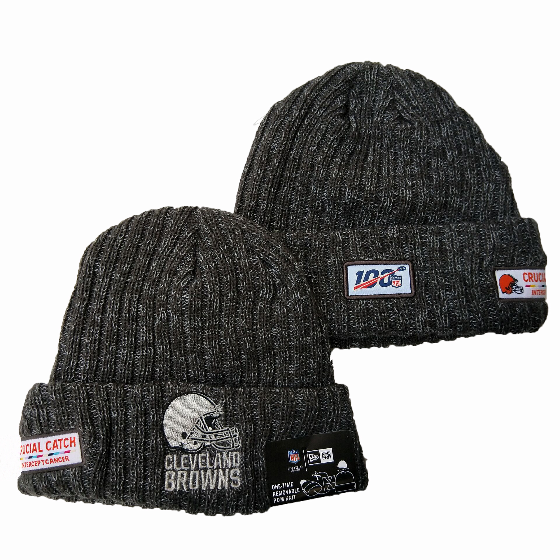Browns Team Logo Gray 100th Season Pom Knit Hat YD - Click Image to Close