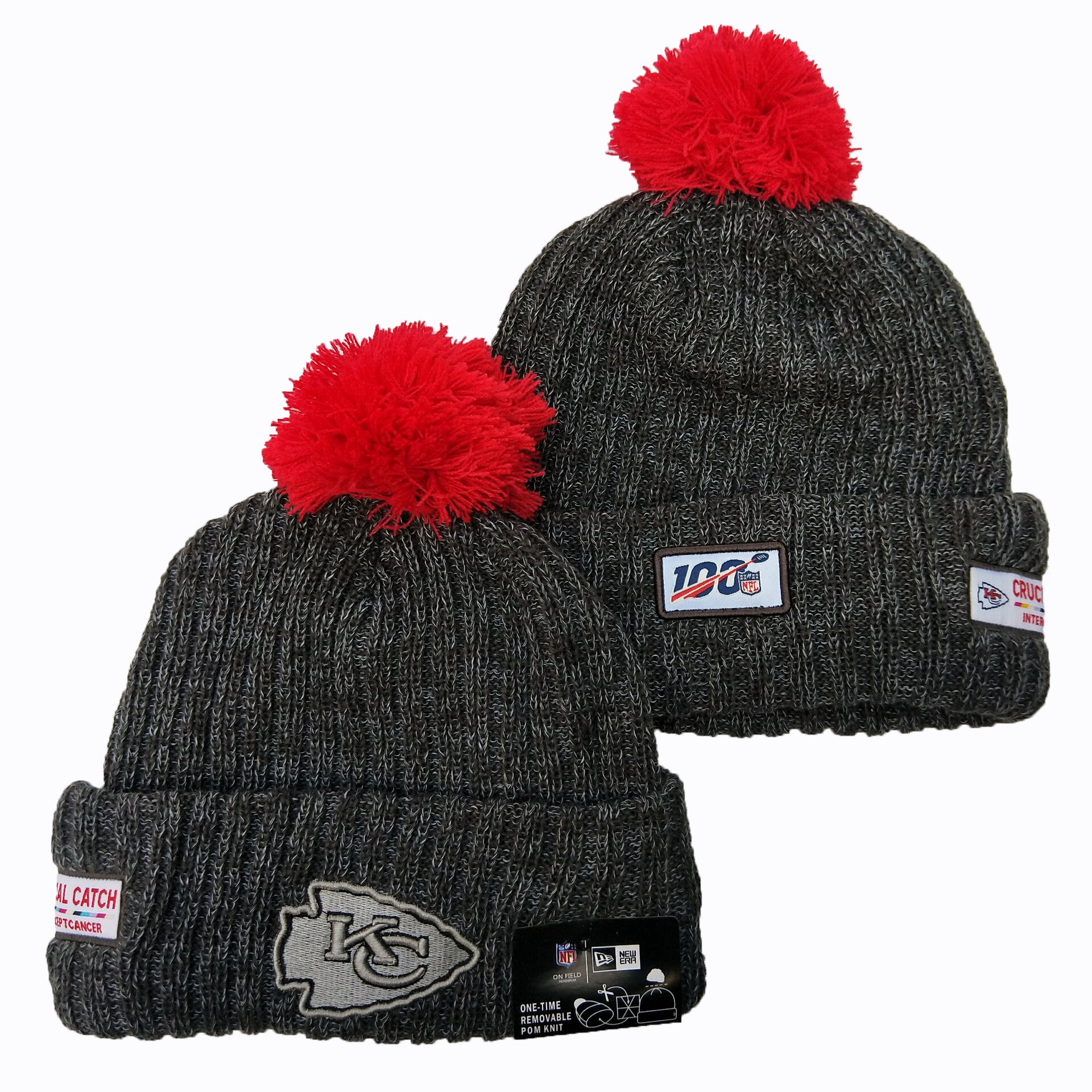 Chiefs Team Logo Gray Red 100th Season Pom Knit Hat YD - Click Image to Close