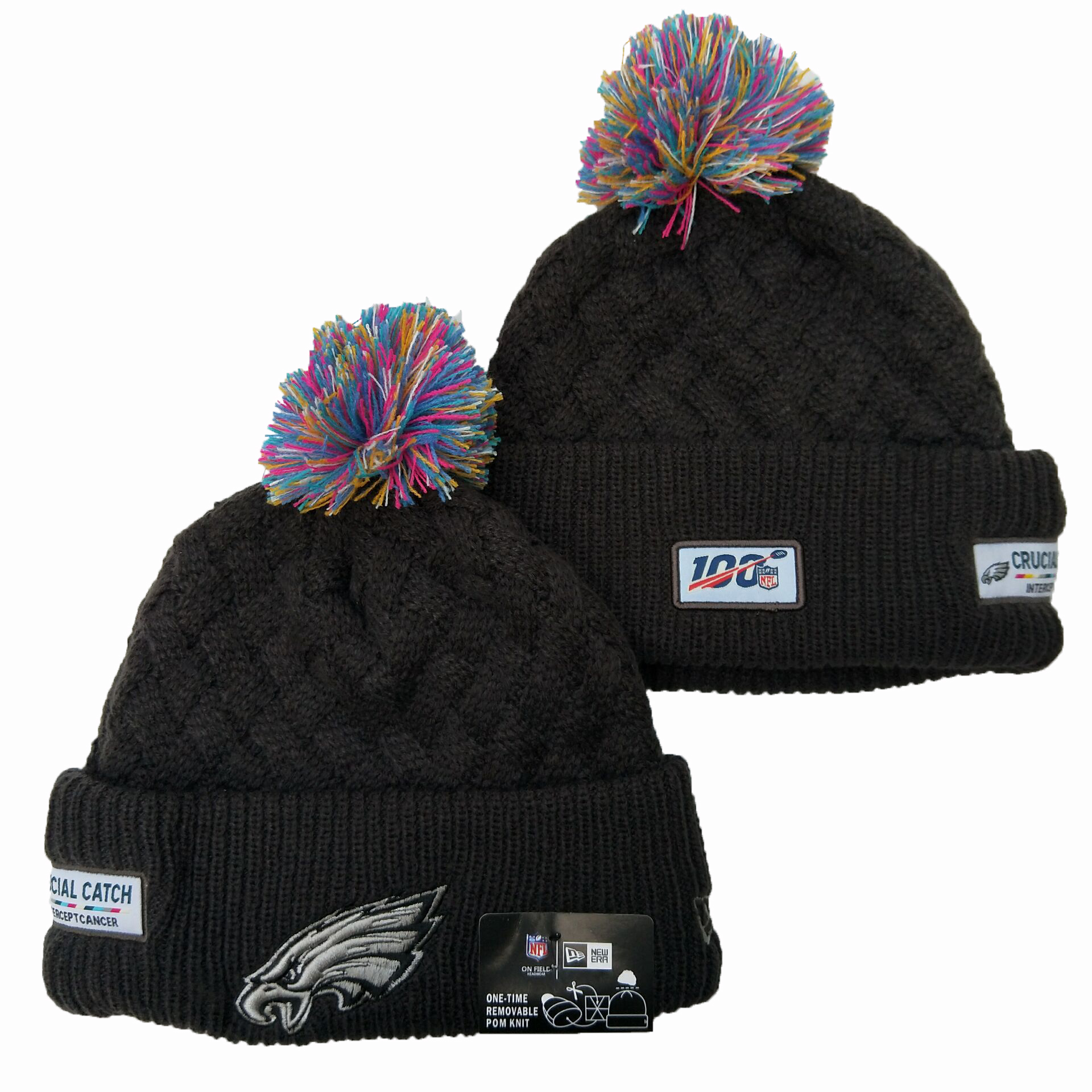 Eagles Fresh Logo Black 100th Season Pom Knit Hat YD