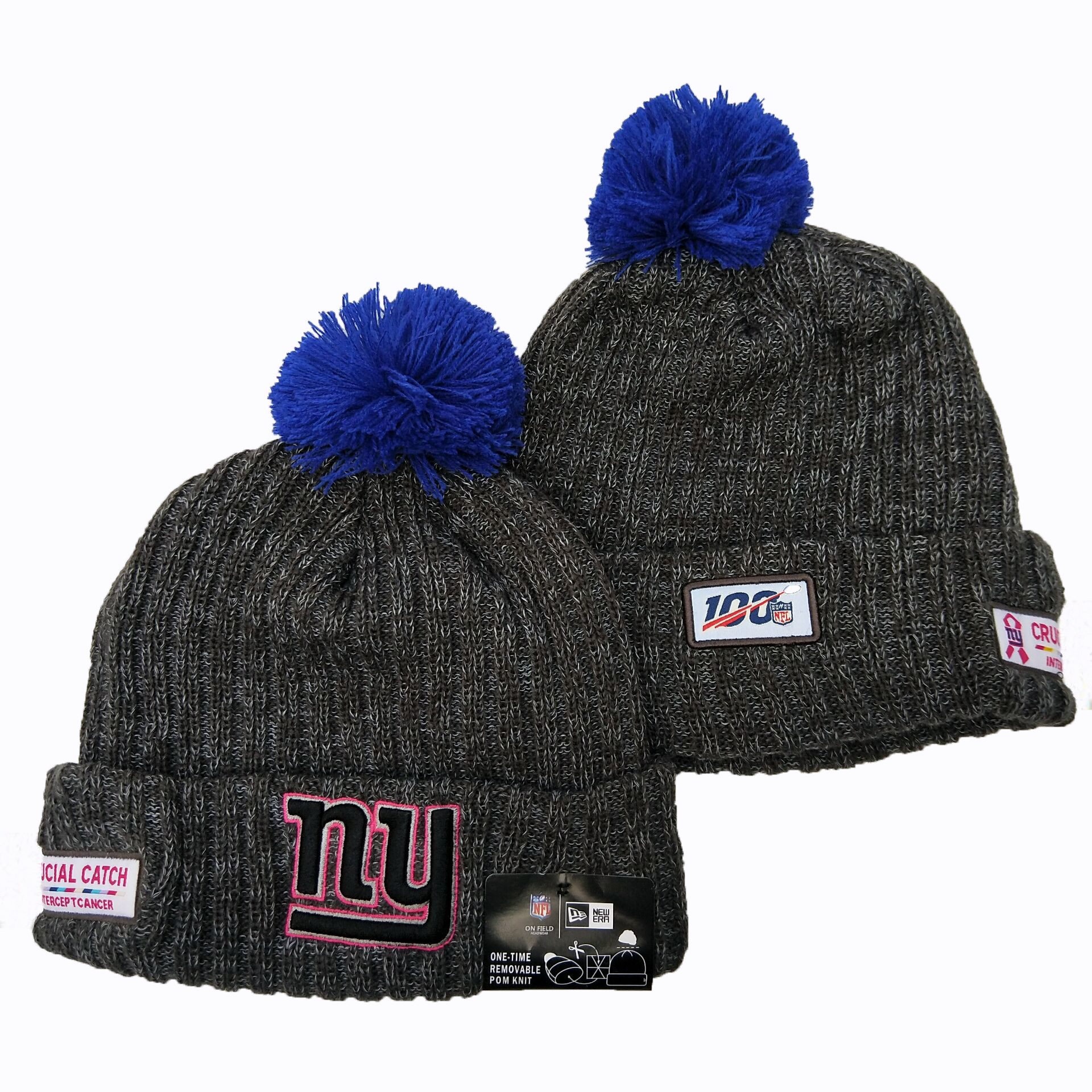 New York Giants Team Logo Gray 100th Season Pom Knit Hat YD