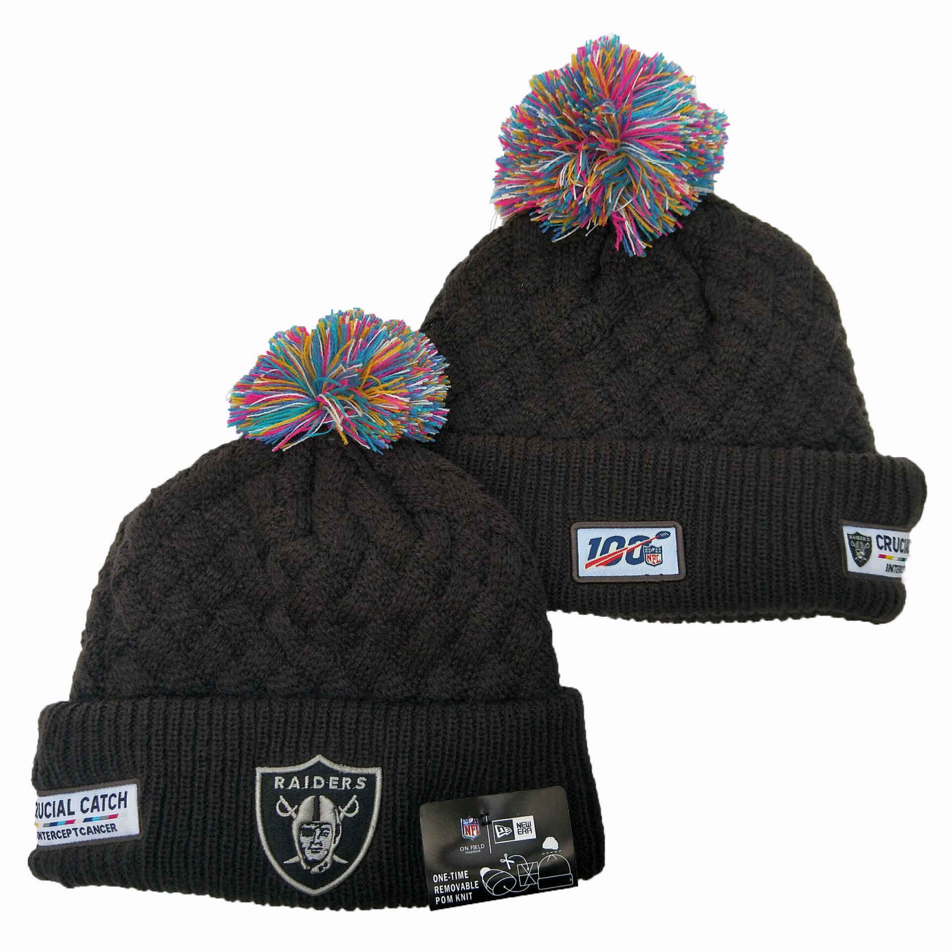 Raiders Team Logo Black 100th Season Pom Knit Hat YD - Click Image to Close