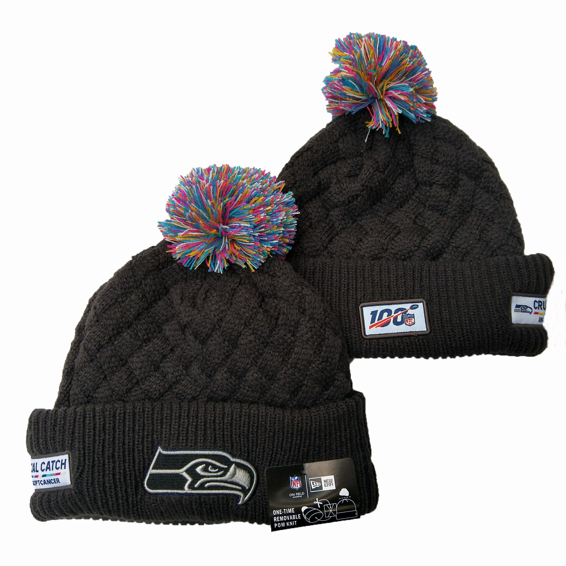 Seahawks Team Logo Black 100th Season Pom Knit Hat YD