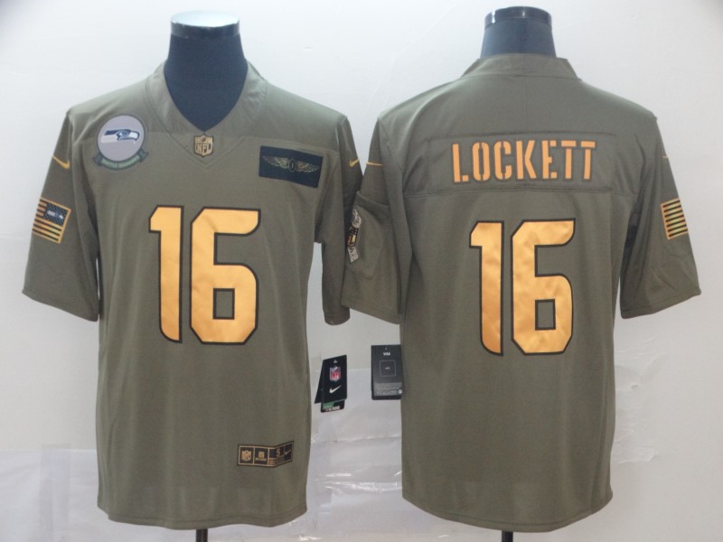 Nike Seahawks 16 Tyler Lockett 2019 Olive Gold Salute To Service Limited Jersey - Click Image to Close