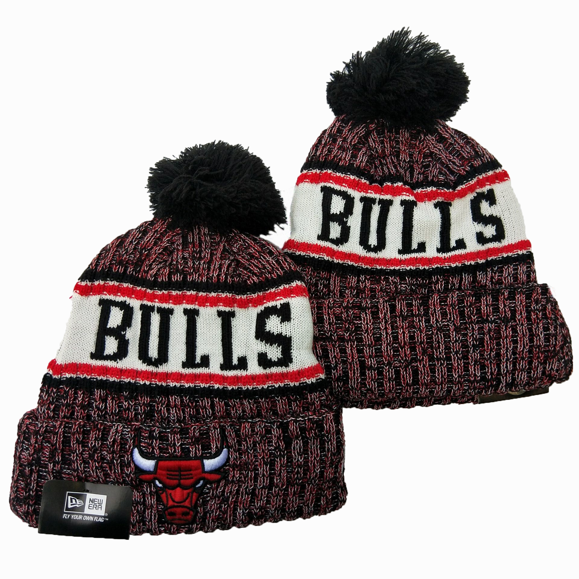Bulls Team Logo Red White Wordmark Cuffed Pom Knit Hat YD