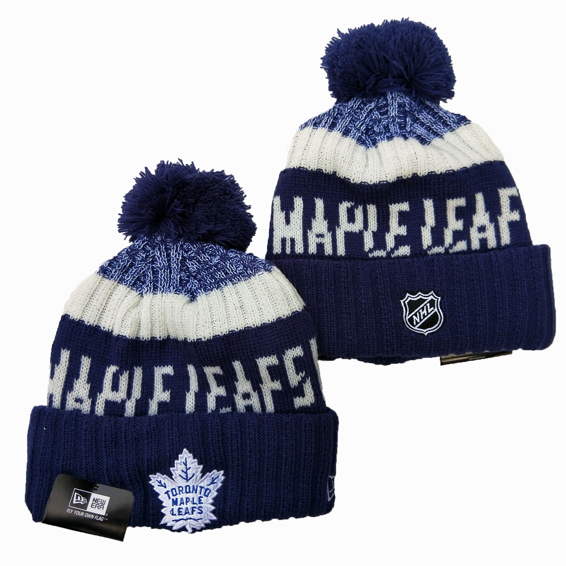 Maple Leafs Team Logo Navy Wordmark Cuffed Pom Knit Hat YD