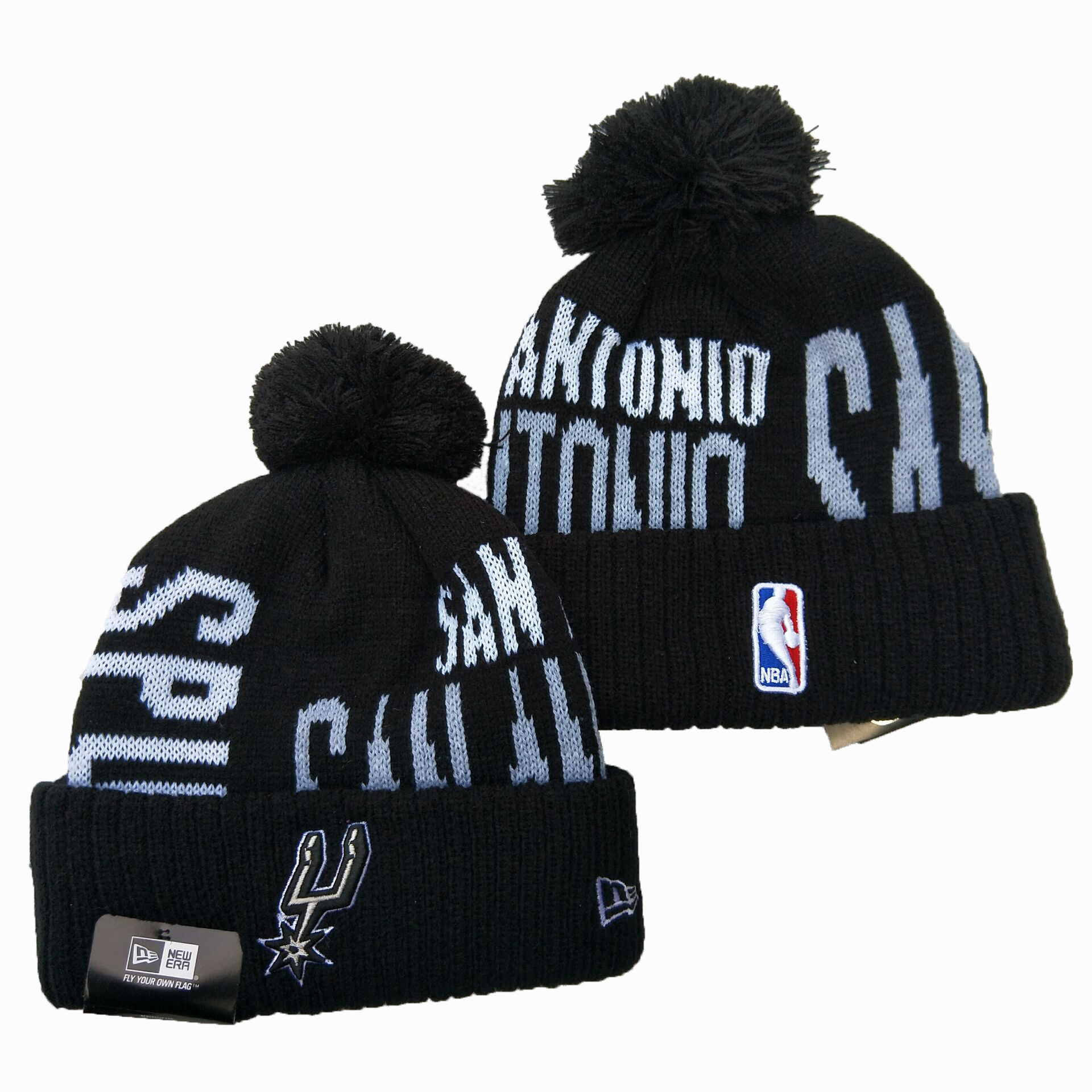 Spurs Team Logo Black Wordmark Cuffed Pom Knit Hat YD