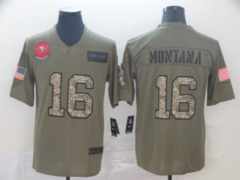 Nike 49ers 16 Joe Montana 2019 Olive Camo Salute To Service Limited Jersey