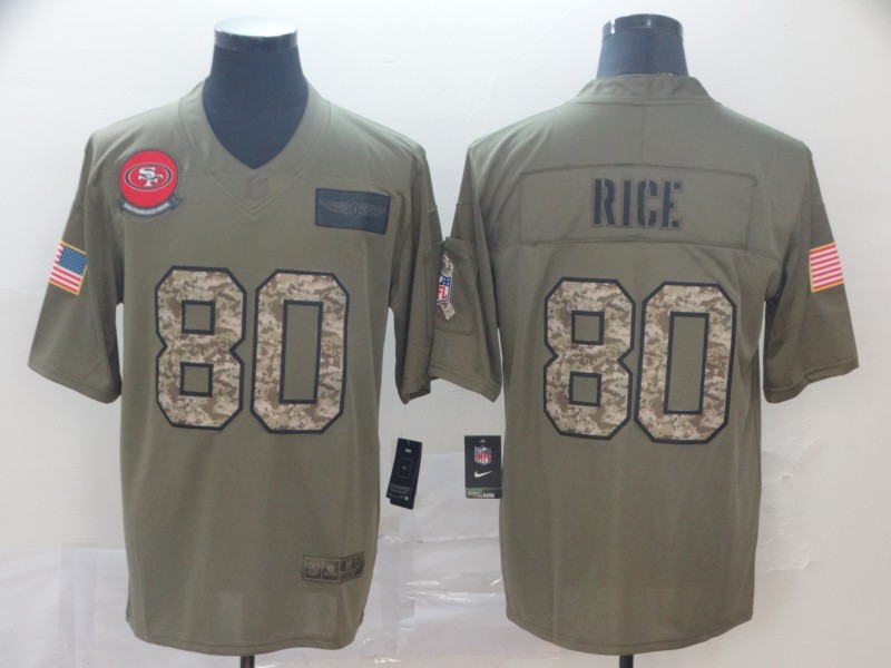 Nike 49ers 80 Jerry Rice 2019 Olive Camo Salute To Service Limited Jersey