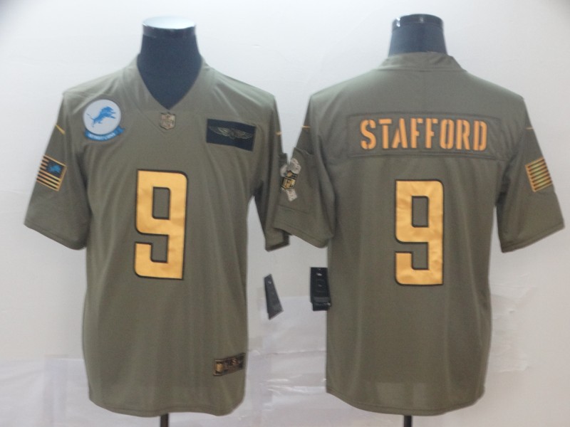 Nike Lions 9 Matthew Stafford 2019 Olive Gold Salute To Service Limited Jersey