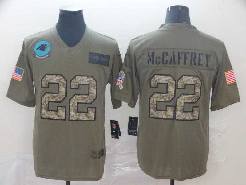 Nike Panthers 22 Christian McCaffrey 2019 Olive Camo Salute To Service Limited Jersey - Click Image to Close