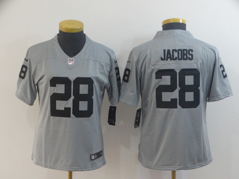 Nike Raiders 28 Josh Jacobs Silver Women Inverted Legend Limited Jersey - Click Image to Close