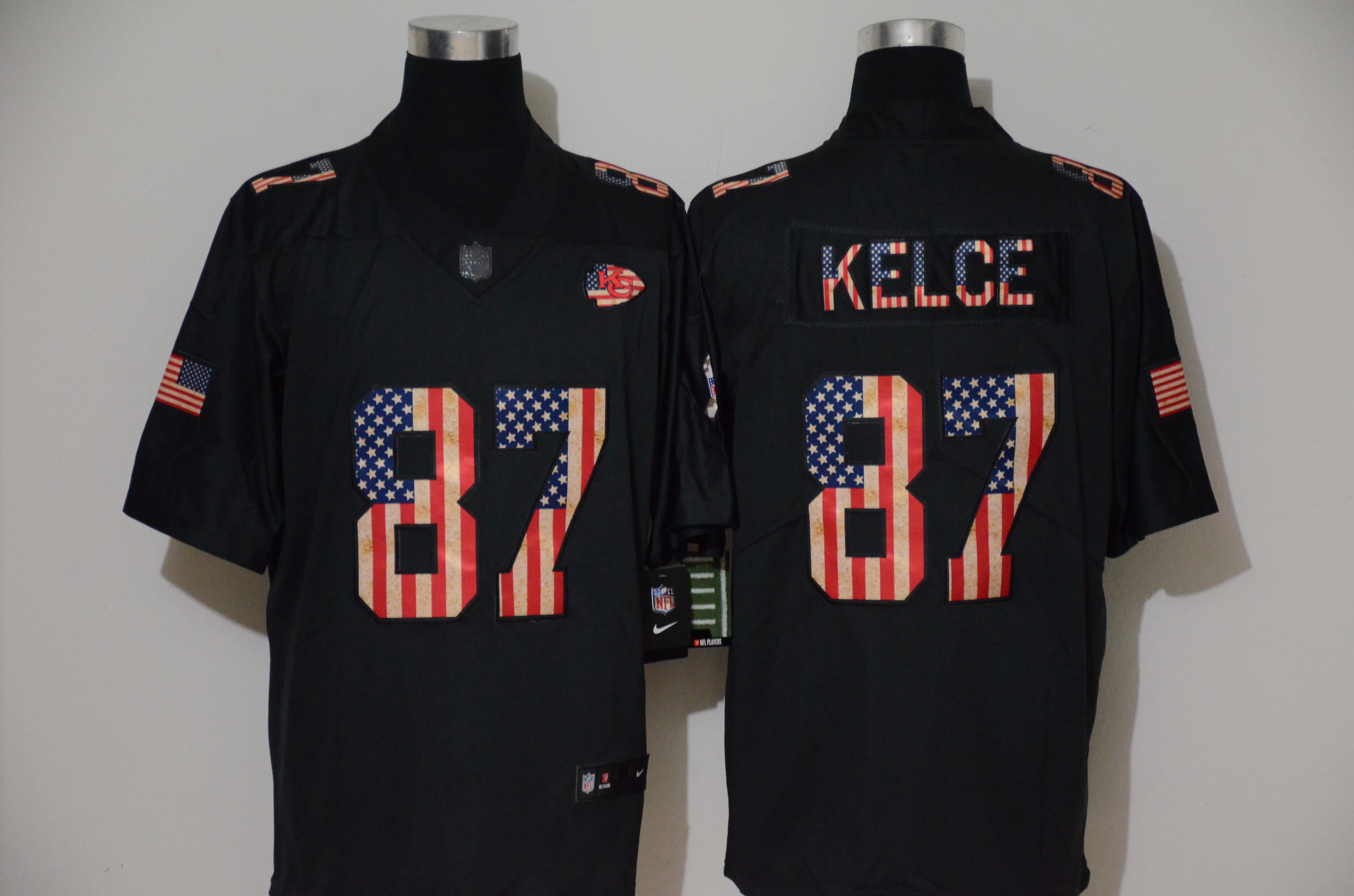 Nike Chiefs 87 Travis Kelce 2019 Black Salute To Service USA Flag Fashion Limited Jersey - Click Image to Close