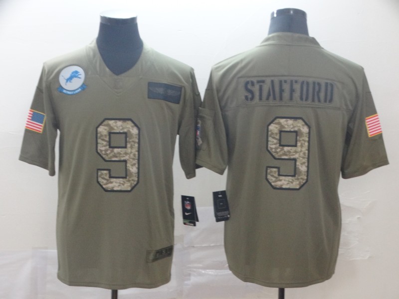 Nike Lions 9 Matthew Stafford 2019 Olive camo Salute To Service Limited Jersey