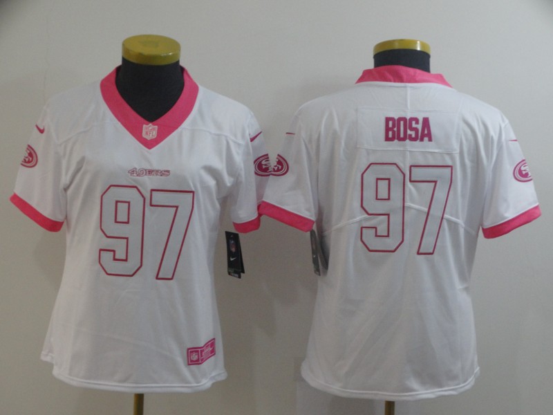 Nike 49ers 97 Nick Bosa White Pink Women Rush Limited Jersey - Click Image to Close