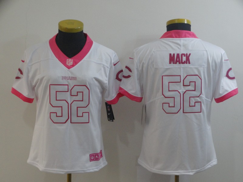 Nike Bears 52 Khalil Mack White Pink Women Rush Limited Jersey