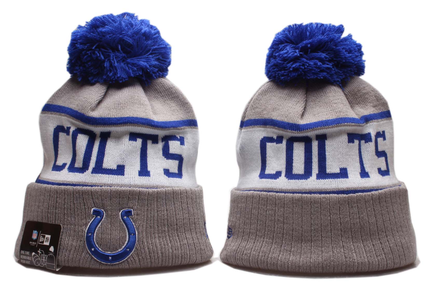 Colts Team Logo Gray White Pom Knit Hat YP - Click Image to Close