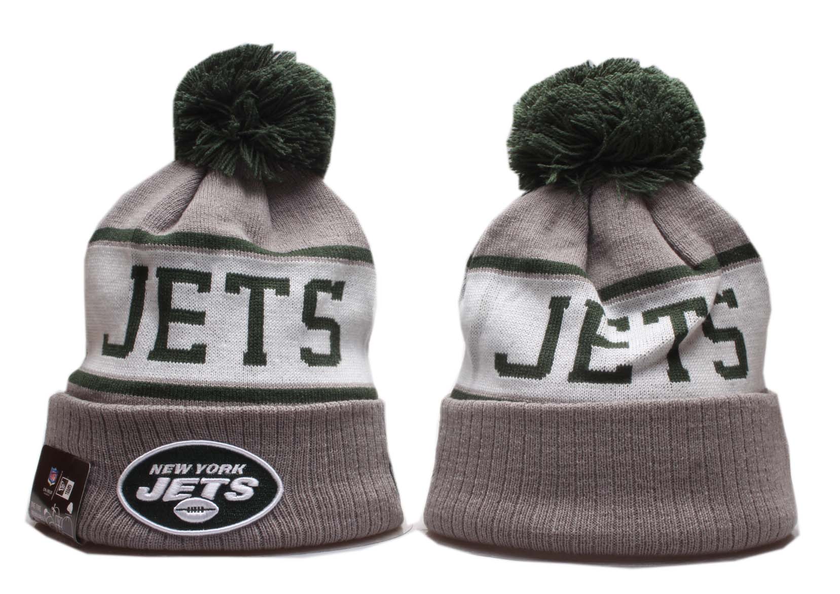 Jets Team Logo Gray White Pom Knit Hat YP - Click Image to Close