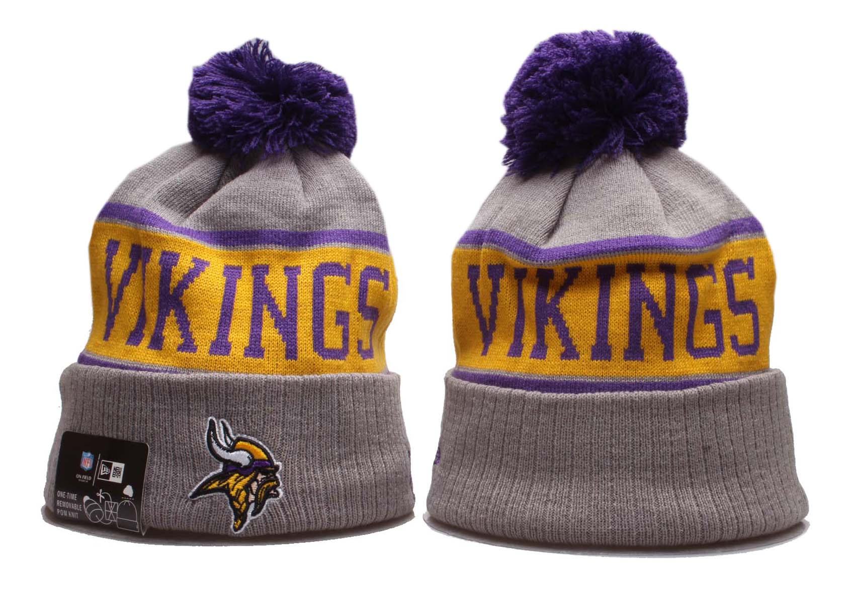 Vikings Team Logo Gray Pom Knit Hat YP